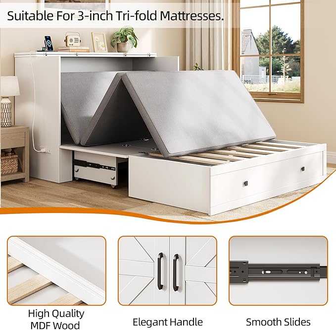 Murphy Bed Queen with Storage & Charging Station, Murphy Cabinet with Foldable Panel, Noisy Free, for Guest Bedroom, Living Room, Office, Distressed White