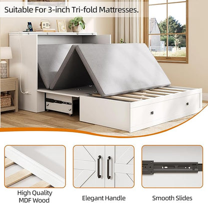 Murphy Bed Queen with Storage & Charging Station, Murphy Cabinet with Foldable Panel, Noisy Free, for Guest Bedroom, Living Room, Office, Distressed White