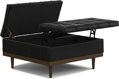 SIMPLIHOME Mariah 36 inch Wide Contemporary Rectangle Lift Top Table Storage Ottoman in Midnight Black PU Black faux leather, Assembled, For the Living Room, Entryway and Family Room