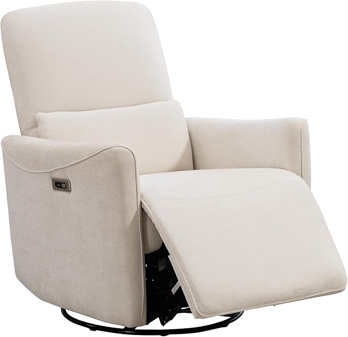 Power Swivel Recliner Chair, Upholstered Fabric Glider Electric Rocking Chair for Adults. Nursery Rocker Single Sofa with Lumbar Support for Living Room. Dual-port Charging: Type-C&USB, Beige