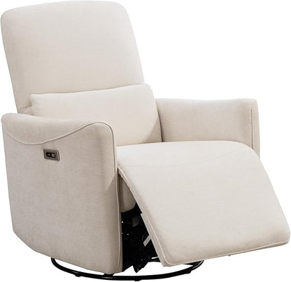 Power Swivel Recliner Chair, Upholstered Fabric Glider Electric Rocking Chair for Adults. Nursery Rocker Single Sofa with Lumbar Support for Living Room. Dual-port Charging: Type-C&USB, Beige
