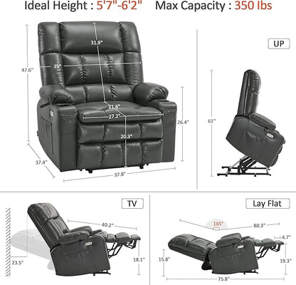 MCombo Dual Motor Power Lift Recliner Chair for Elderly, Lay Flat Lift Chair with Heat and Massage, Oversized Lift Recliner for Big and Tall, Faux Leather R7891 (Grey, Oversized)