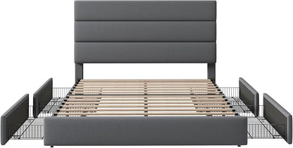 Allewie Modern Queen Size Platform Bed Frame with 4 Storage Drawers and Velvet Upholstered Headboard, Wooden Slats Support, Upholstered Mattress Foundation/No Box Spring Needed/Easy Assembly, Grey