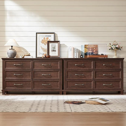 Farmhouse Espresso 6 Drawer Dresser for Bedroom, 54 inch Wide Vintage Large Chest of Drawers with Wood Legs, Rustic TV Console for Living Room, Walnut Wooden Storage Closet Dressers