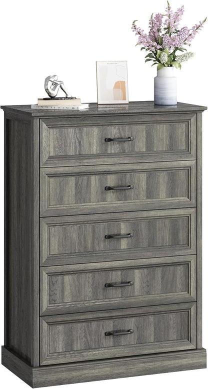 CARPETNAL Farmhouse 5 Drawers Dresser for Bedroom, 44" Tall Grey Dresser Wood Rustic Chest of Drawers with Wide Metal Handle,Natural Texture,Drawer Organizer for Bedroom,Living Room,Hallway