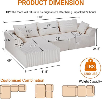 Sidanli 110" Modular Sectional Sofa, Cloud Sectional Couch with L-Shape Chaise, Modern Couch with Deep Seat for Living Room Bedroom, No Assembly Required, Beige (Soft Corduroy Fabric, Left Facing)