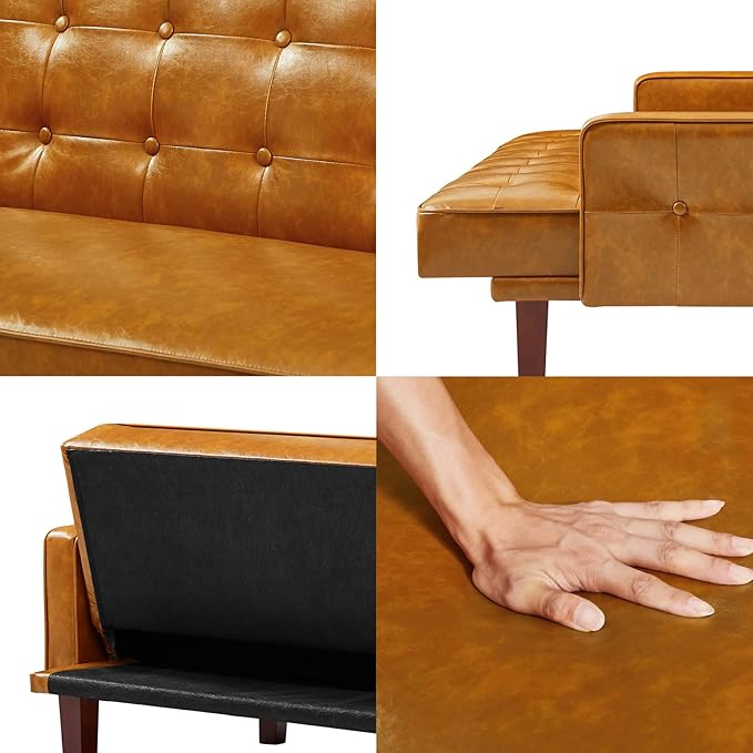 74" Loveseat Sofa with Vintage Button Tufting, Faux Leather Convertible Sleeper Futon Sofa Bed with Spring Cushion and Wood Legs for Apartments, Offices, Reception Areas, Living Rooms, Brown