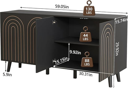 59" Buffet Cabinet with Storage, Modern Accent Sideboard Storage Cabinet with 4 Doors & Carving Lines, Wooden Coffee Bar Table Console for Living Room Kitchen Office and Hallway (Black)