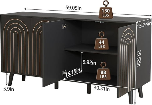 59" Buffet Cabinet with Storage, Modern Accent Sideboard Storage Cabinet with 4 Doors & Carving Lines, Wooden Coffee Bar Table Console for Living Room Kitchen Office and Hallway (Black)