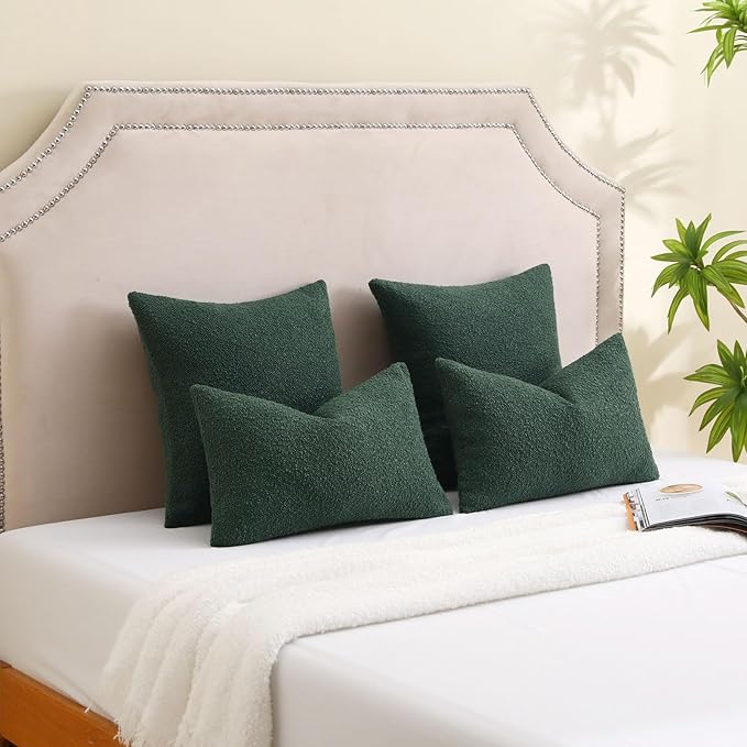 FUTEI Christmas Pack of 2 Dark Green Decorative Throw Pillow Covers 24x24 Inch Soft Cozy Solid Boucle Textured European Cushion Case,Modern Home Decor for Couch Bed Living Room