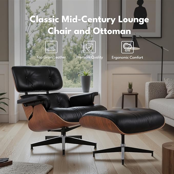Top Black Grain Leather, Mid Century Chaise Lounge Chair and Ottoman, Leather Accent Chair, Modern Reading Chair, Classic Design, Heavy Duty Base Support for Living Room Lounge Office, Palisander