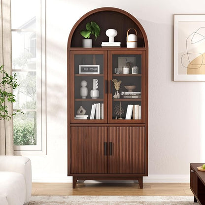 71" Tall Arched Cabinet with Glass Doors, Fluted Pantry Cabinet with Solid Wood Legs, Modern Accent Furniture for Living Room, Kitchen, Dining Room, Entryway, Walnut