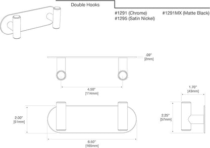 Gatco 1295 Modern Decor Wall Hook. Coat Hat Towel Robe Hook. For Entryway, Living, Kitchen, Bedroom. 2-hook. Satin Nickel on Premium Brass.