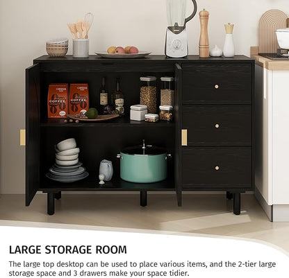 Black Sideboard Cabinet with 2 Rattan Doors and 3 Drawers, Rattan Buffet Cabinet with Adjustable Shelves & Pine Legs, Boho Sideboard Buffet for Living Room, Kitchen, Entryway, Black