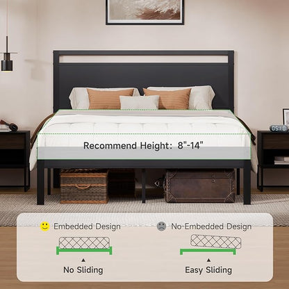 Z-hom Queen Bed Frame with Modern Wood Headboard & Footboard, Upgraded Heavy Duty Metal Sturdy Bed Frame Queen Size, Stable Platform Bed Furniture Bed Storage, No Noise, No Box Springs, Black
