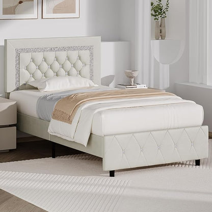 BarnFurin Twin Bed Frame with Diamond Tufted Headboard, Faux Leather Upholstered Bed with Wooden Slats Support, No Box Spring Needed, Mattress Foundation, Easy Assembly, Cream