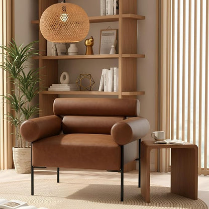 Modern Accent Chair, Single Sofa Accent Chair for Living Room, Upholstered Leather Mid-Century Modern Armchair, Oversized Reading Chair with Channel Tufted for Bedroom, Office, Brown