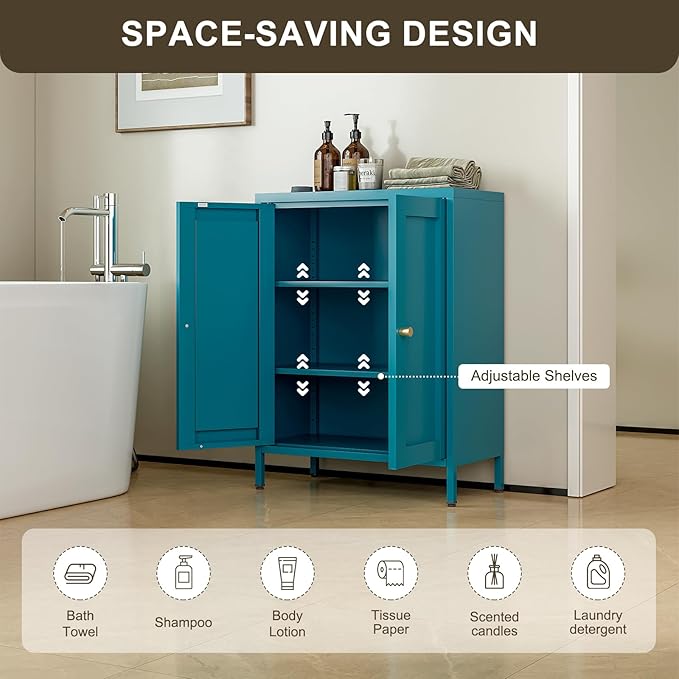 Bathroom Floor Storage Cabinet,Metal Storage Sideboard with 2 Doors and 2 Adjustable Shelves,Modern Small Storage Cabinets, Blue Metal Locker for Entryway,Living Room,Hallway
