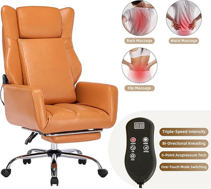 DYHOME Orange Leather Office Chair with Massage and Footrest, Heavy Duty Task Desk Chairs, Swivel Ergonomic Computer Gaming Chairs with Lumbar Support, Wheels Flip-up Arms Adjustable Height