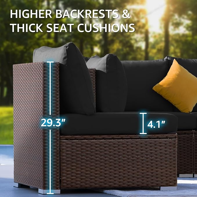 NICESOUL 9 Piece Patio Furniture Set with Fireplace Natural Gas/Propane, 29.3'' High Back Large Wicker Outdoor Sectional Sofa Sets, Deep Seat Sitting Area Backyard, Brown Rattan and Black Cushion