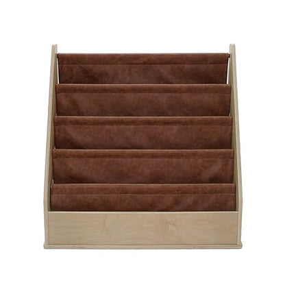 Factory Direct Partners Rustic Kid Birch Sling Book Display; Distressed Faux Leather 4-Shelf Storage for Books or Magazines; Furniture for Bedroom, Playroom, Daycare, Classroom - Hazelnut, 13745-322