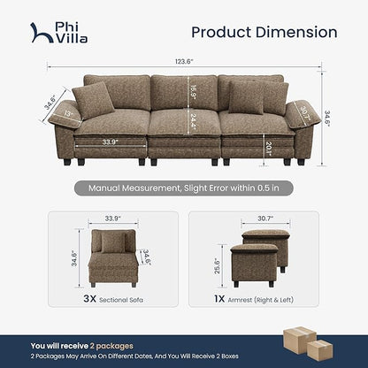 PHI VILLA Modern Modular Couches Sets, 123.6" Cloud Sectional Sofa with Upholstered Deep Seat, 3-Seater Couch for Living Room Small Spaces, Chenille Fabric, Taupe