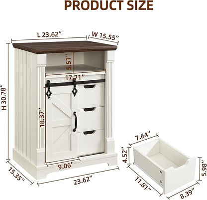 Bathroom Floor Cabinet, Farmhouse Storage Cabinet with Sliding Barn Door, Small Storage Cabinet with Drawer for Bathroom, Kitchen, Living Room, Rustic Style (Antique White)