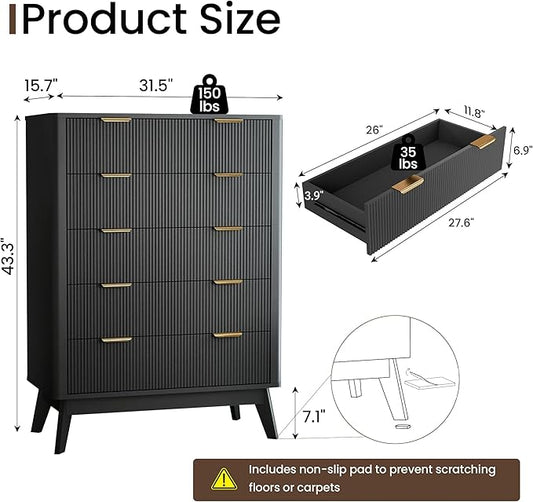Fluted 5 Drawer Dresser, Tall Dresser with Deep Drawers, Wood Chest of Drawers for Bedroom, Modern Tall Chest Storage Organizer, Natural Finish for Hallway, Entryway, Living Room(Black)