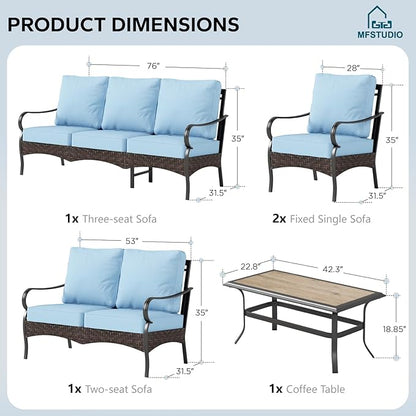 MFSTUDIO 5 PCS Outdoor Patio Furniture Set, Metal Outdoor Conversation Set, Rattan Wicker Patio Sectional Sofa Set with 2 x Fixed Single Sofa, 2-Seat and 3-Seat Sofa, 1 x Coffee Table, Blue