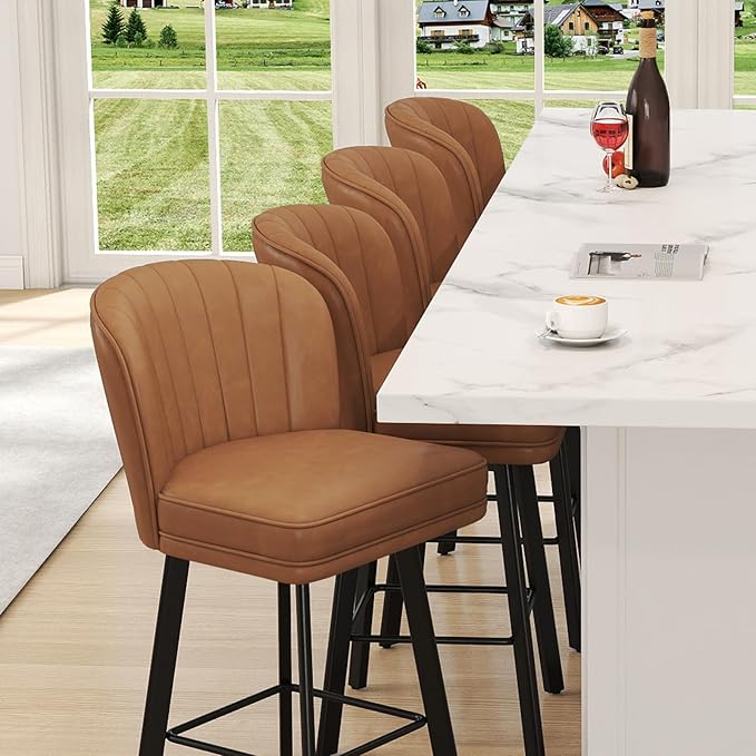Swivel Counter Height Bar Stools Set of 4, 26'' Modern Barstools with Backs and Metal Legs, Upholstered Bar Chairs, Faux Leather Whiskey Brown Stools for Kitchen Island Chairs