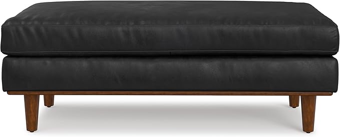 SIMPLIHOME Morrison 49 inch Wide Large Rectangular Ottoman in Lead Black Genuine Leather, Multifunctional Footrest, Coffee Table, and Extra Seating for Living Room, Mid-Century Modern Style