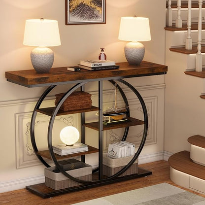 41.3" Console Table for Entryway, Industrial Hallway Sofa Table with Storage Shelves, Narrow Accent Decor Living Room Furniture with Circle Base for Foyer, Entrance, Rustic Brown