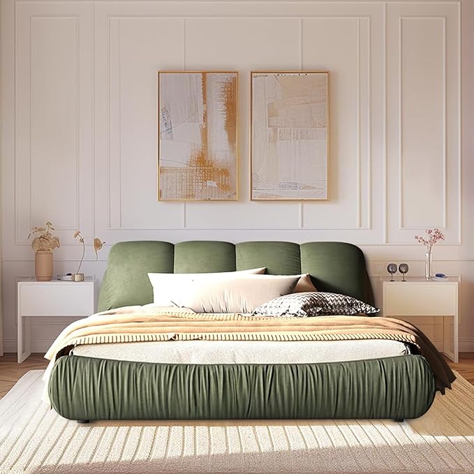 King Size Upholstered Platform Bed with Oversized Padded Backrest and Solid Wood Frame for Bedroom, Apartment Room, Green
