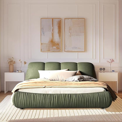 Queen Size Upholstered Platform Bed with Oversized Padded Backrest and Solid Wood Frame for Bedroom, Apartment Room, Green