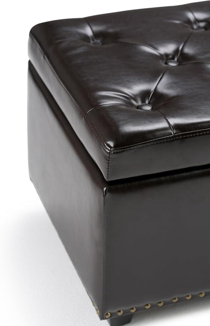 SIMPLIHOME Hamilton 48 inch Wide Transitional Rectangle Storage Ottoman in Coffee Brown Vegan Faux Leather, Assembled, For the Living Room, Entryway and Family Room