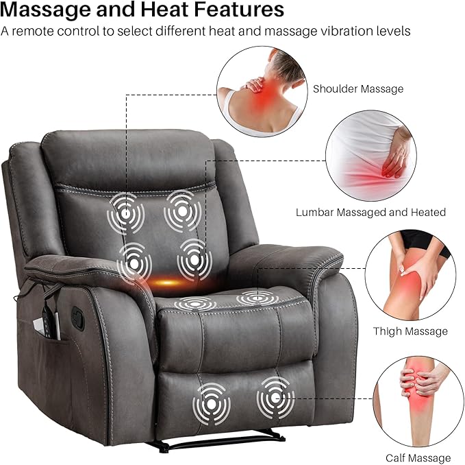 Massage Recliner Chair with Heated, Faux Leather Recliner Chairs for Adults, 39" Wide Manual Reclining Ergonomic Lounge Chair for Living Room with Overstuffed Backrest, Side Pocket, Grey