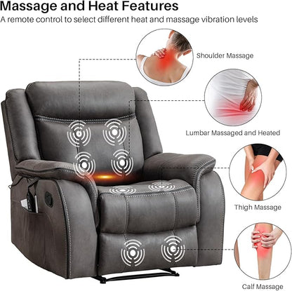 Massage Recliner Chair with Heated, Faux Leather Recliner Chairs for Adults, 39" Wide Manual Reclining Ergonomic Lounge Chair for Living Room with Overstuffed Backrest, Side Pocket, Grey