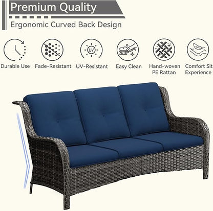 Wicker Patio Furniture Set 6 Piece, Outdoor Furniture Patio Conversation Set Includes 1 Three-Seat Sofa, 2 Swivel Rocker Chairs, 2 Ottomans and 1 Side Table,Blue