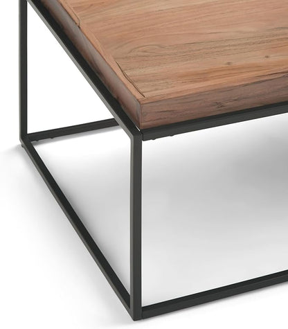 SIMPLIHOME Carter Coffee Table - 47 inch Wide Solid Acacia Wood Industrial Tray Top Cocktail Table in Natural Acacia, Stylish Living Room Table with Fixed Tray Shelf and Metal Base