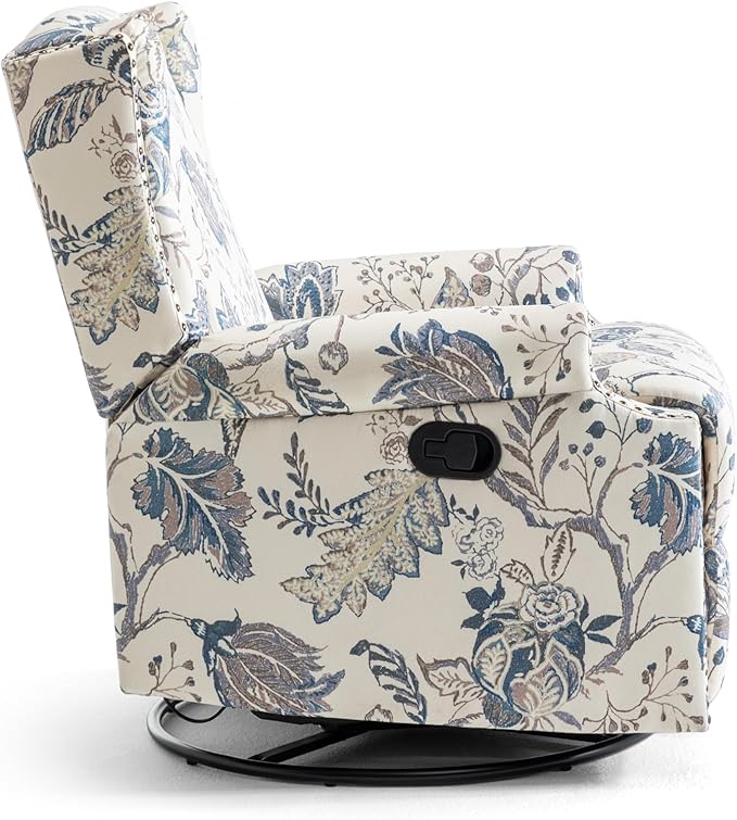 UIXE Swivel Rocker Manual Recliner Chair, Wingback Swivel Glider Fabric Nursery Reclining Sofa Chair, High Back Upholstered Arm Chair for Living Room Bedroom - Blue Plants