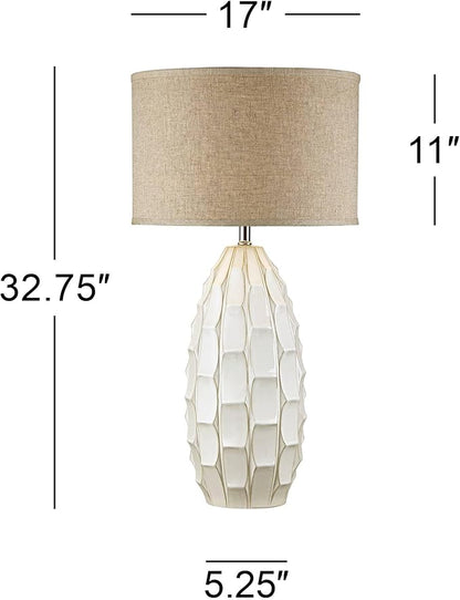 Possini Euro Design Cosgrove Mid Century Modern Coastal 3-Way Table Lamp with Table Top Dimmer 32.75" Tall White Glazed Ceramic Beige Fabric Drum Shade for Living Room Bedroom House (Colors May