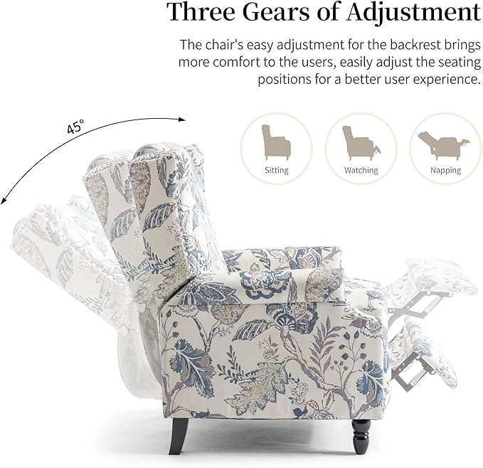 Pushback Recliner Chair, Floral Fabric Wingback Recliner Chair, Upholstered Armchair Push Back Recliner, Rivet Trim Single Sofa Accent Chair with Wood Legs for Living Room, Plants Blue