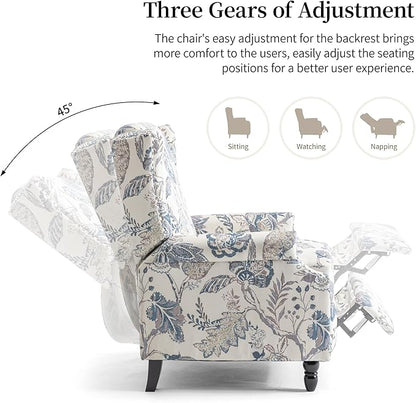 Pushback Recliner Chair Set of 2, Floral Fabric Wingback Recliner Chair, Upholstered Armchair Push Back Recliner, Rivet Trim Single Sofa Accent Chair with Wood Legs for Living Room, Plants Blue