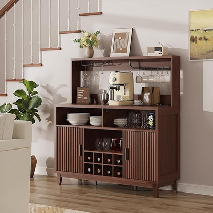 Fluted Buffet Cabinet with Storage, Modern Coffee Bar Cabinet with Outlet, Wine Rack, Cup Holder, Multi-Functional Accent Liquor Cabinet for Living Room, Entryway, Kitchen, Walnut