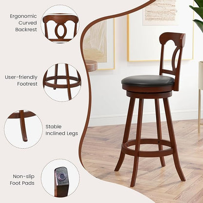 COSTWAY Bar Stools Set of 2, 30 Inch Swivel Bar Height Chairs with Ergonomic Back & Footrest, Vintage Wooden Barstool Set for Kitchen Island, Pub, Bistro, Café, Espresso (2, 30 Inch)