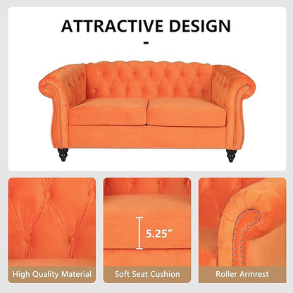 Velvet Loveseat Sofa, Mid Century Modern Upholstered Couch, 62" Oversized Comfy 2 Seater Love Seat Couch with Cushions, Tufted Chesterfield Sofa for Living Room, Bedroom, Apartment (Orange)