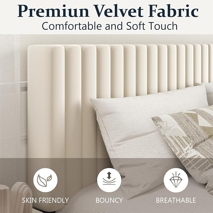 King Size Bed Frame,King Size Platform Bed Frame and Velvet Upholstered Headboard with Strong Wood Slats, Box Spring Optional, Mattress Foundation, Easy Assembly Beige
