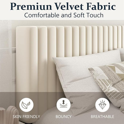 Queen Size Platform Bed Frame with Velvet Upholstered Headboard, Queen Bed Frame with Strong Wood Slats, Box Spring Optional, Mattress Foundation, Easy Assembly Beige