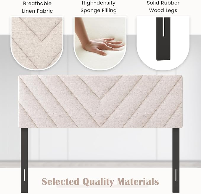 KOMFOTT Linen Fabric Upholstered Headboard for Full/Queen Size Bed, Rectangular Headboard with Solid Wood Legs & Adjustable Width, Padded Full/Queen Bed Headboard, Easy Assembly, Beige