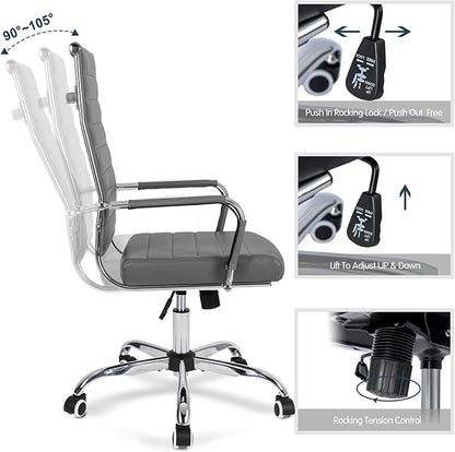 Home Office Chair Ribbed, Modern Leather Conference Room Chairs, Ergonomic Office Desk Chair, High Back Executive Computer Chair, Adjustable Swivel Chair with Arms (Grey)